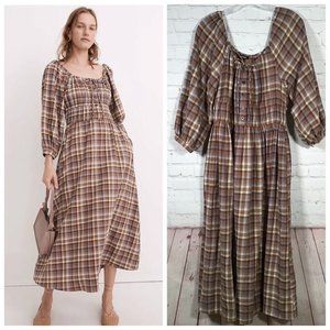 Madewell Gauze Sophia Midi Dress M Brown Tan Plaid Button Front Square Neckline